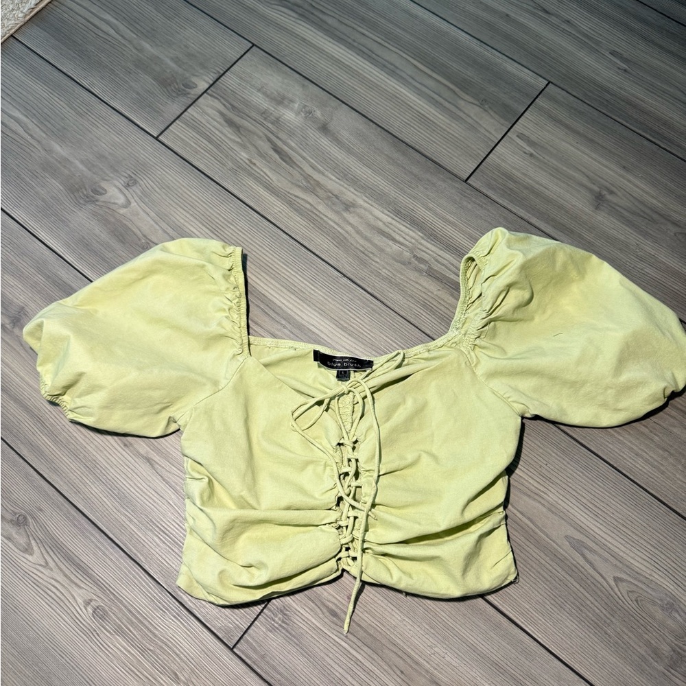 Blue Blush Light Green Puff Sleeve Blouse